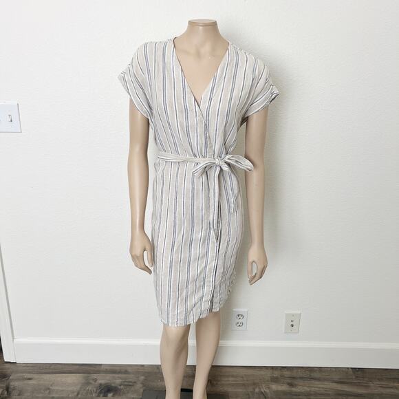 [Pure Navy] Tan White Striped Linen Belted V-Neck Wrap Mini Dress Size Large L - Picture 1 of 10